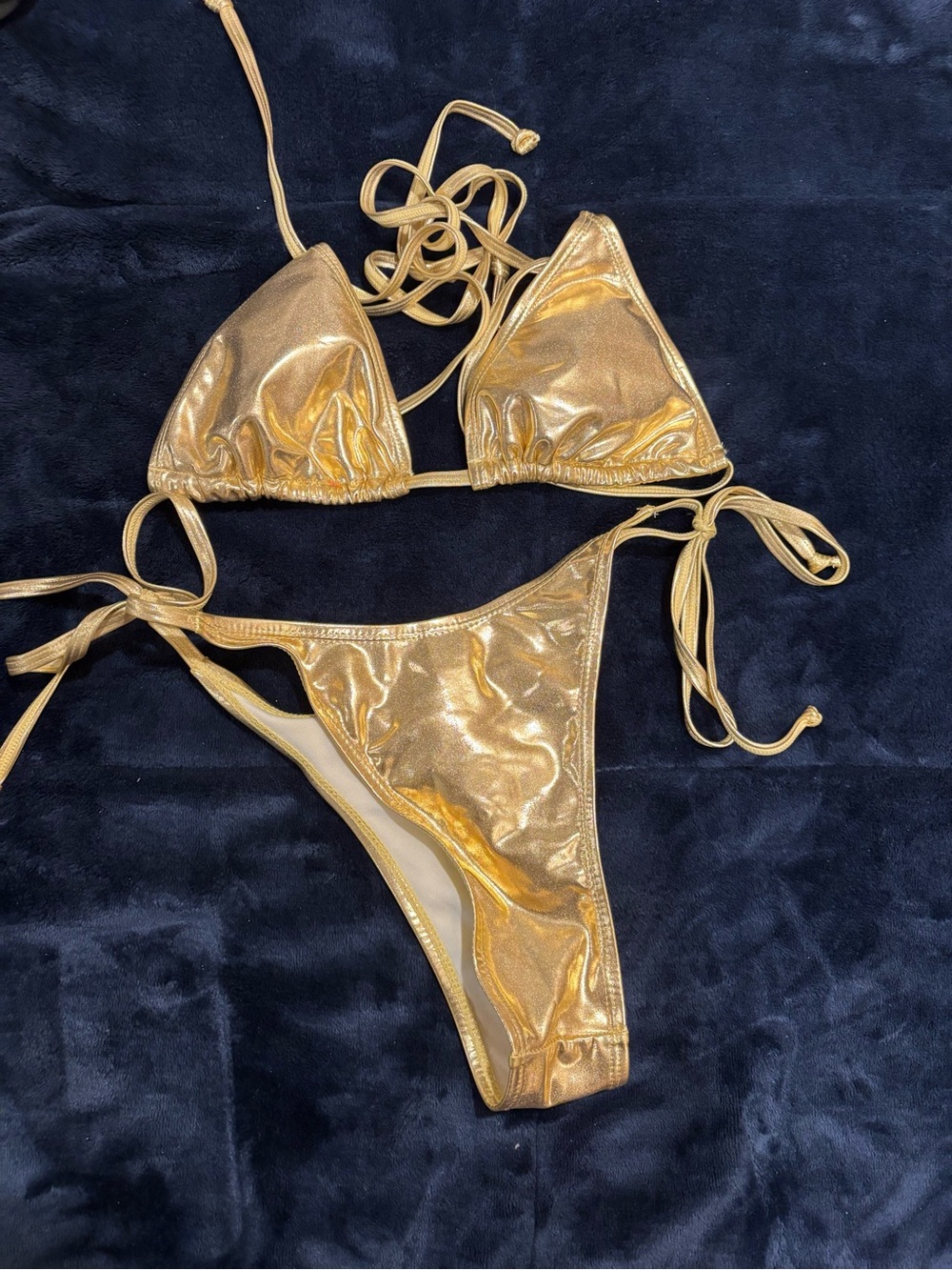 Metallic Gold Tie-Side Triangle Bikini Set